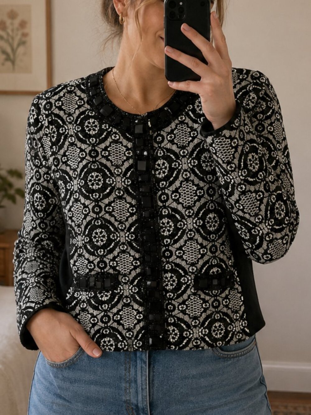 Michael Simon Black Lace Beaded Bolero Jacket Petite L Cropped Evening Formal